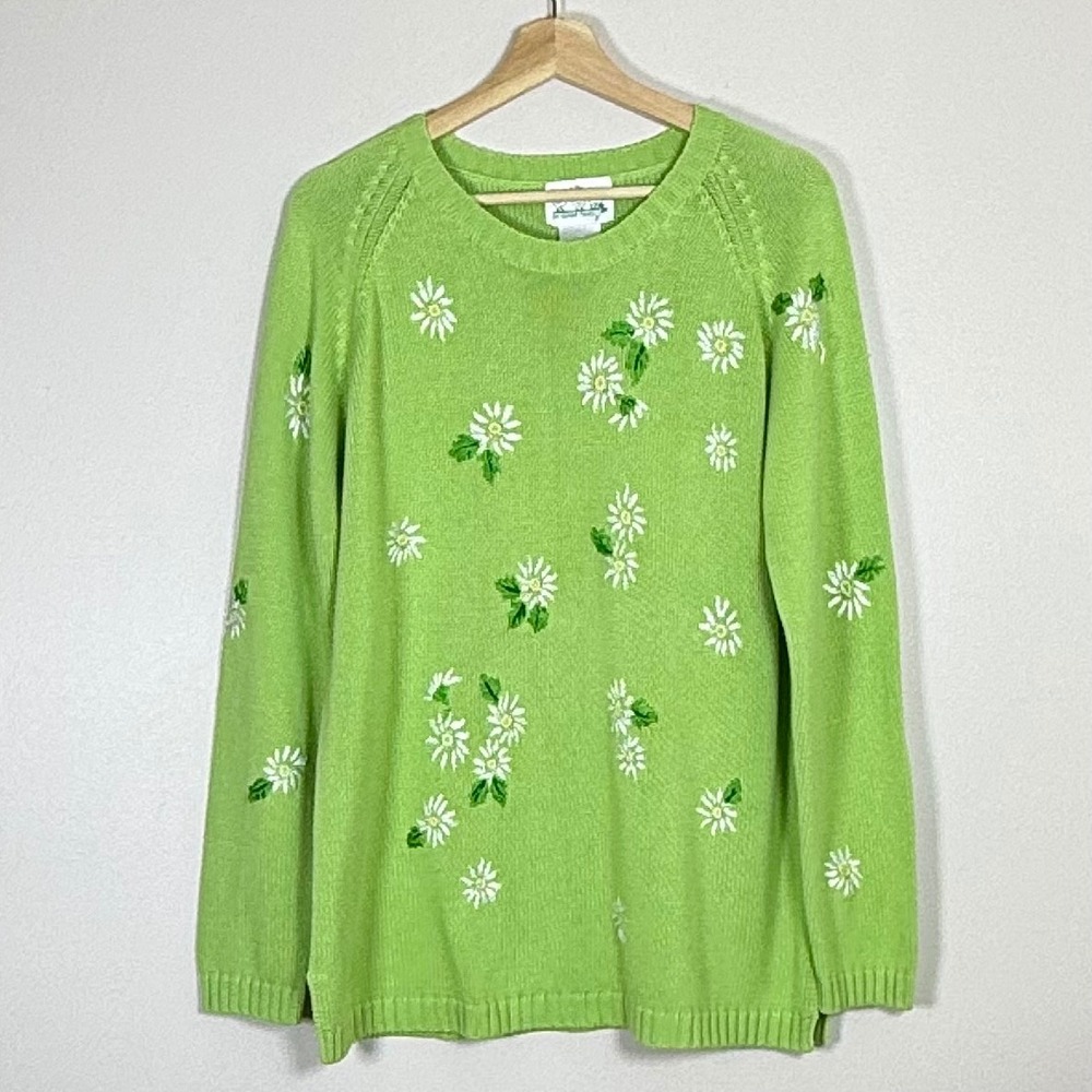 Vtg The Quacker Factory Womens Sweater M Green Daisy Floral Embroidered Cottage